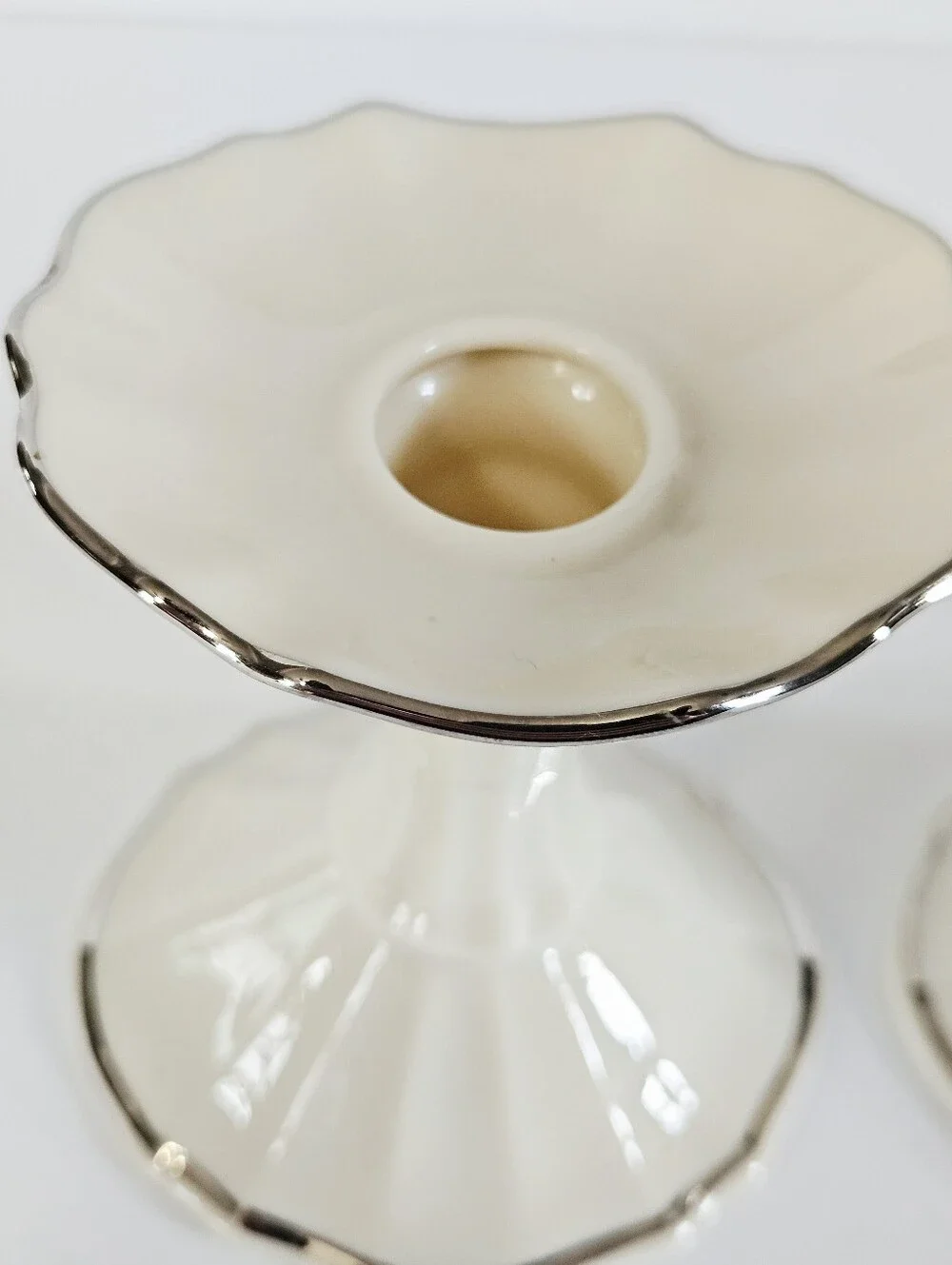 Lenox China Vintage Symphony Pattern Porcelain Candlesticks Ivory Platinum Trim
